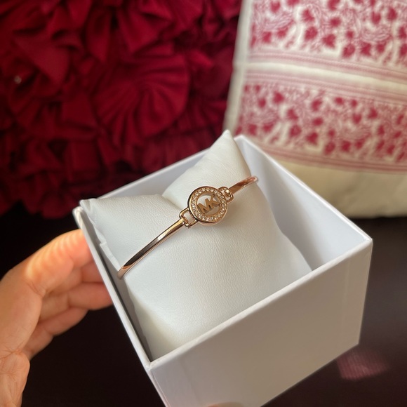 MICHAEL KORS Pave MK Logo Rose Gold Tone Bangle Bracelet MKJ6521792 - Picture 3 of 6